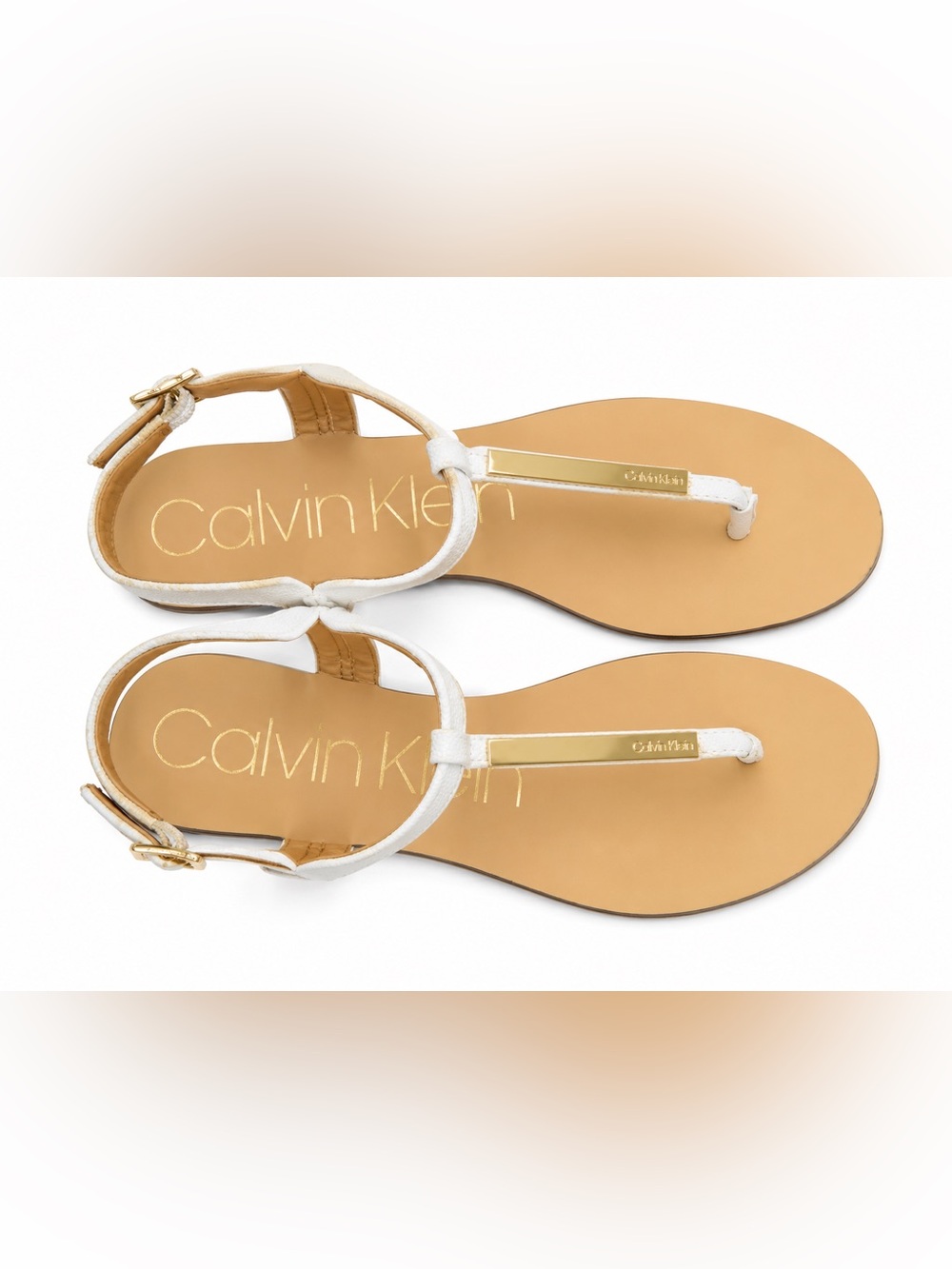 Calvin Klein White Gold Tan Samara Thong Sandals 7 Women’s